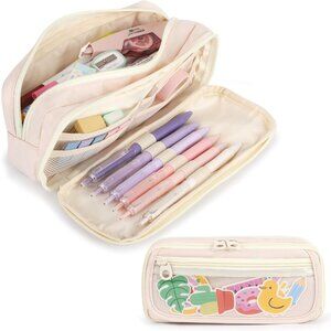 Stylish Zippered Pen Bag for School and Office - 5 Compartments, Cartoon Design